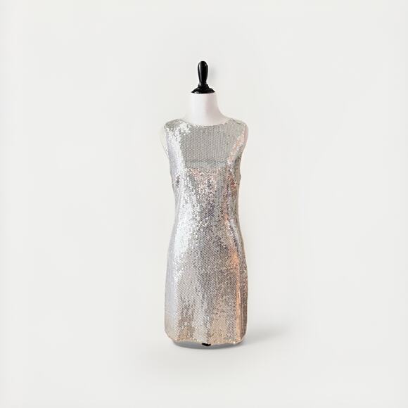 Cache Vintage Y2K Silver Sequin Mini Dress Mod Sheath Made in USA XS/S - Picture 1 of 15